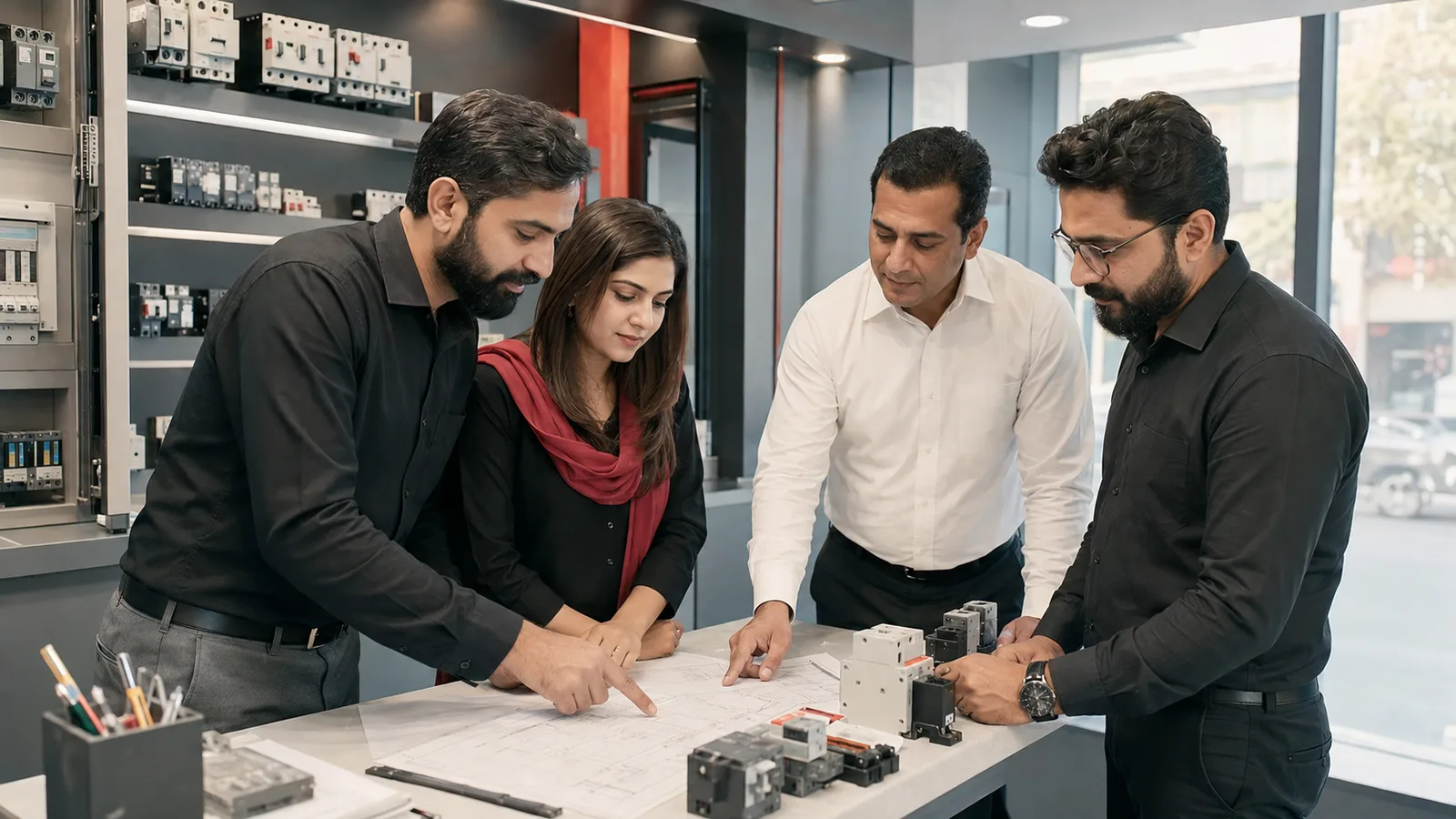 Representative image of an electrical product team reviewing a panel requirement