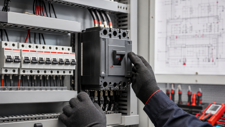 MCB and MCCB circuit breakers installed in an industrial electrical panel